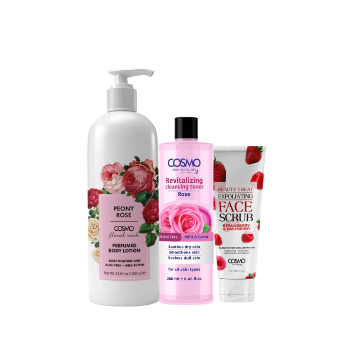 Combo Set- Peony Rose Body Lotion - Rose Cleansing Toner - Strawberry & Raspberry Face Scrub